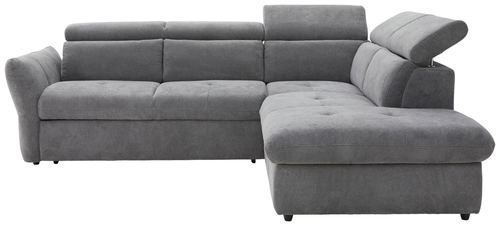 Stylife Ecksofa MONSERAT Graues Polsterecksofa MONSERAT mit verstellbarer Kopfstütze, Ansicht von vorne links.