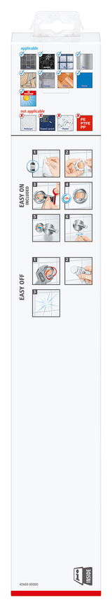Verpackung des tesa Exxcellent Handtuchhalters, geeignet für verschiedene Oberflächen wie Fliesen und Metall, mit einfacher Montageanleitung. Seitenansicht.