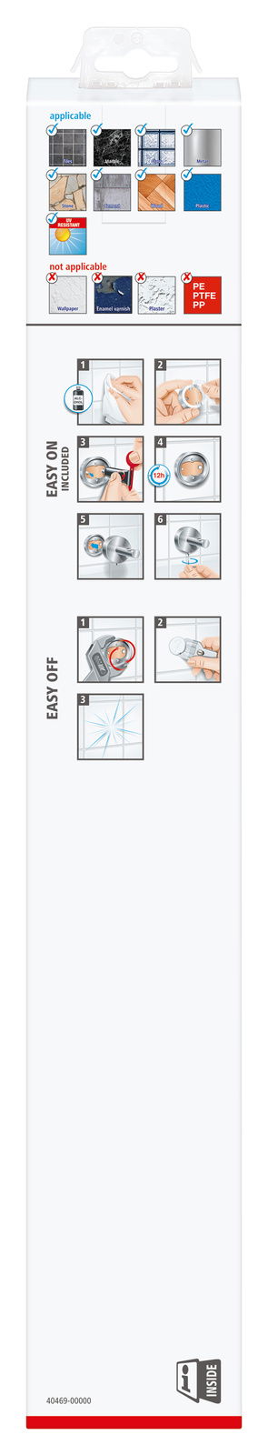 Verpackung des tesa Exxcellent Handtuchhalters, geeignet für verschiedene Oberflächen wie Fliesen und Metall, mit einfacher Montageanleitung. Seitenansicht.