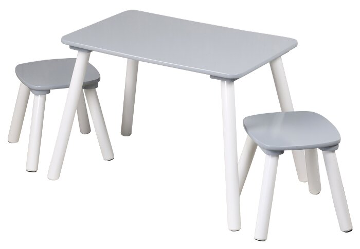 Graues Kinder-Tisch- und Hocker-Set mit rechteckigem Tisch und zwei passenden Hockern, weiße Beine, in schräger Frontansicht von oben freigestellt