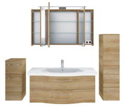 Badezimmermöbel-Set in Holzoptik mit Waschbeckenunterschrank, Spiegelschrank und zwei Hochschränken, Frontalansicht