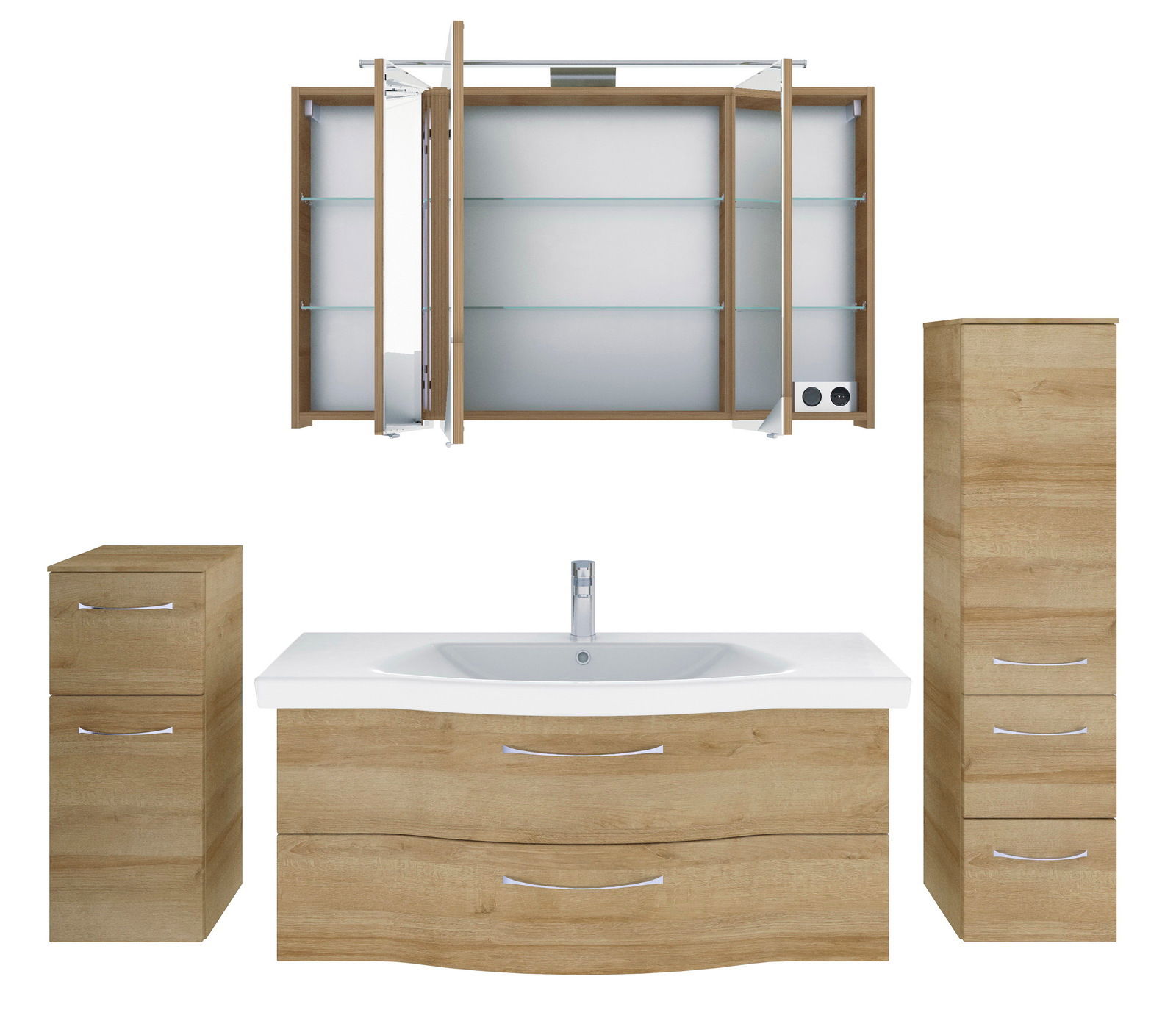 Badezimmermöbel-Set in Holzoptik mit Waschbeckenunterschrank, Spiegelschrank und zwei Hochschränken, Frontalansicht