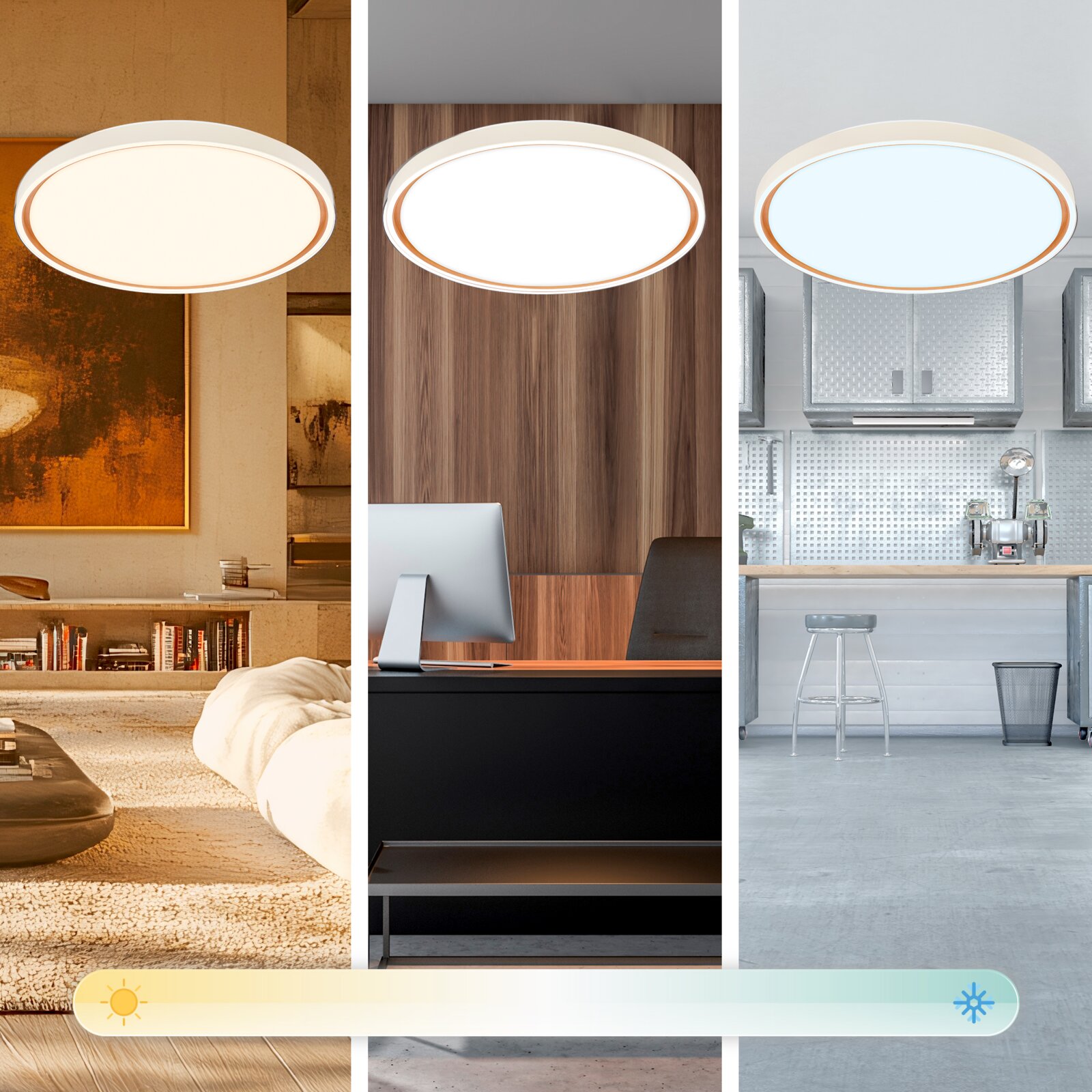 Ronde witte plafondlamp met instelbare lichtkleur van warmwit tot koelwit, vanuit onderaanzicht getoond in drie verschillende interieurs