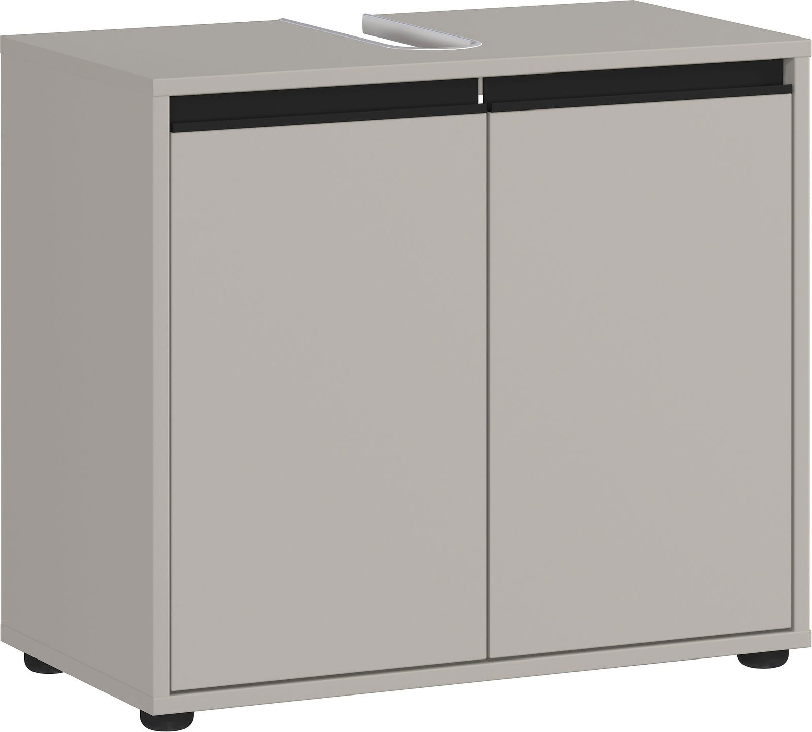 MID.YOU Waschbeckenunterschrank LEMONT Waschbeckenunterschrank in grauer Farbe, frontal abgebildet mit zwei Türen und schwarzem Akzent.