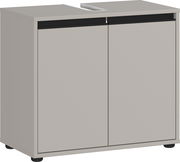 Waschbeckenunterschrank in grauer Farbe, frontal abgebildet mit zwei Türen und schwarzem Akzent.
