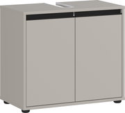 Waschbeckenunterschrank in grauer Farbe, frontal abgebildet mit zwei Türen und schwarzem Akzent.