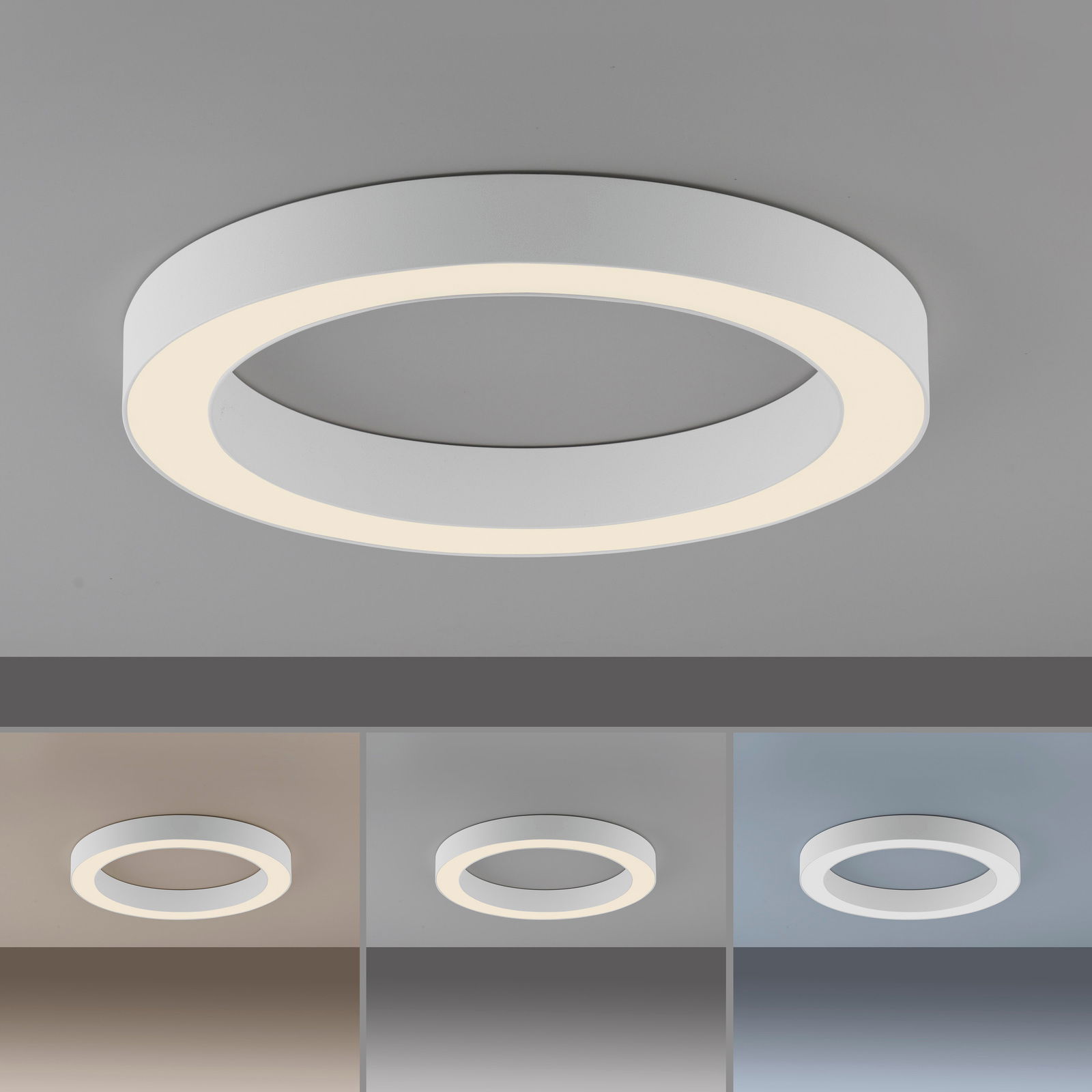 Moderne LED-Deckenleuchte in runder Form, seitliche Perspektive, mit verschiedenen Lichtfarben.