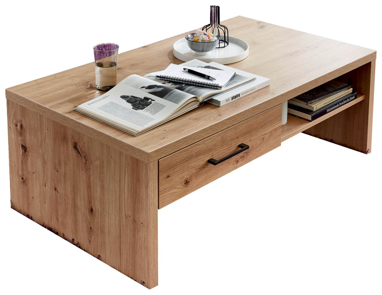 Z2 Salontafel FUNNY PLUS Moderner Couchtisch aus Holz mit Schublade und Ablage, seitliche Perspektive
