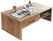 Moderner Couchtisch aus Holz mit Schublade und Ablage, seitliche Perspektive