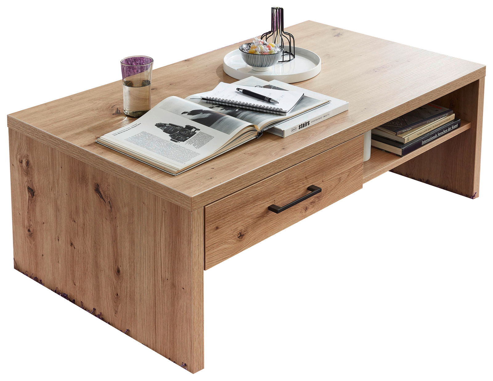 Moderner Couchtisch aus Holz mit Schublade und Ablage, seitliche Perspektive