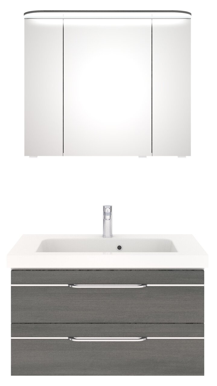 Moderner Badblock mit Spiegelschrank und Waschbecken, Frontalansicht