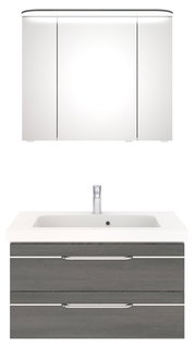 Moderner Badblock mit Spiegelschrank und Waschbecken, Frontalansicht