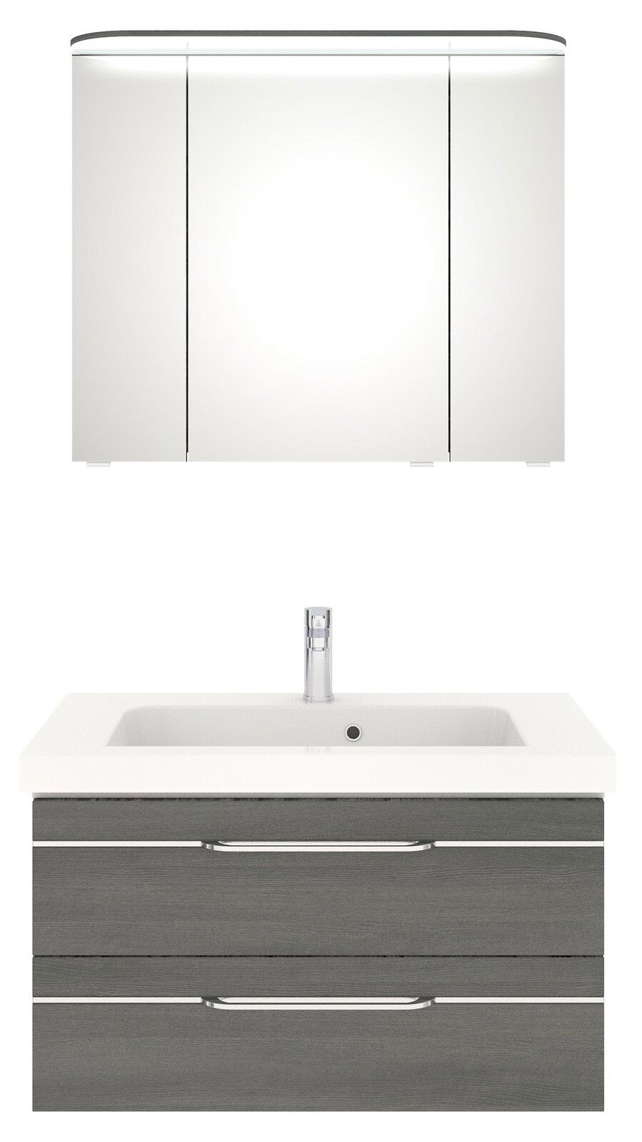 Moderner Badblock mit Spiegelschrank und Waschbecken, Frontalansicht