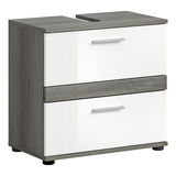 Moderner Waschbeckenunterschrank mit zwei Schubladen in Holzoptik und weißer Front, seitliche Perspektive