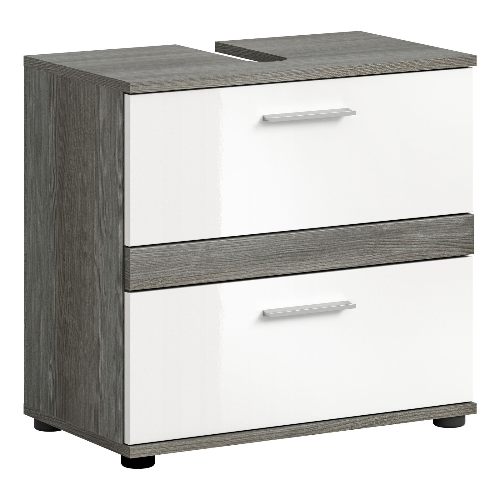 MID.YOU Waschbeckenunterschrank BLAKE Moderner Waschbeckenunterschrank mit zwei Schubladen in Holzoptik und weißer Front, seitliche Perspektive