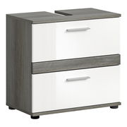 Moderner Waschbeckenunterschrank mit zwei Schubladen in Holzoptik und weißer Front, seitliche Perspektive