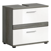 Moderner Waschbeckenunterschrank mit zwei Schubladen in Holzoptik und weißer Front, seitliche Perspektive