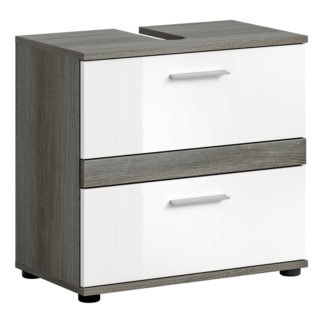 MID.YOU Waschbeckenunterschrank BLAKE Moderner Waschbeckenunterschrank mit zwei Schubladen in Holzoptik und weißer Front, seitliche Perspektive