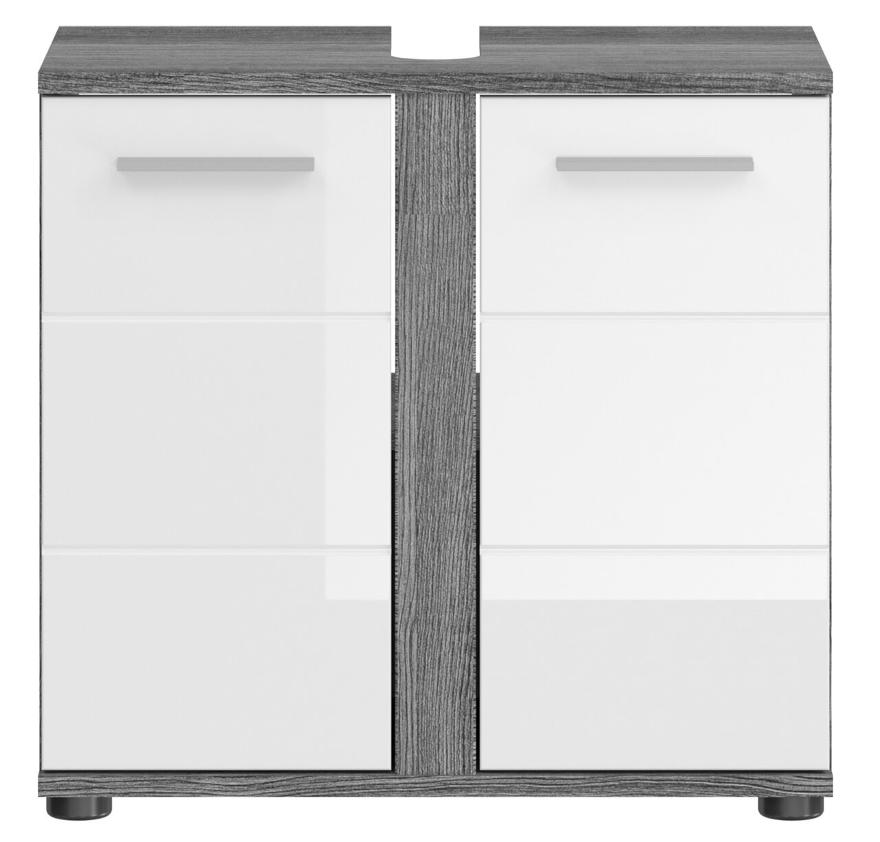 Moderne Badkombination mit zwei weißen Türen und grauer Holzoptik, Frontalansicht