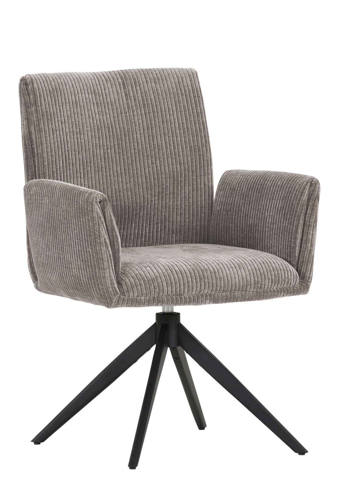 Grauer Armlehnstuhl mit geripptem Stoffbezug und schwarzem Metallgestell, seitliche Perspektive