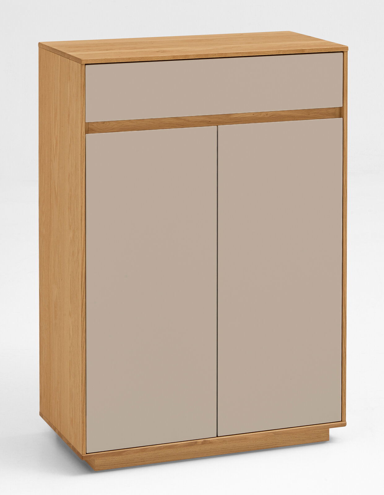 Moderner Schuhschrank aus Holz mit zwei Türen und einer Schublade, seitliche Perspektive