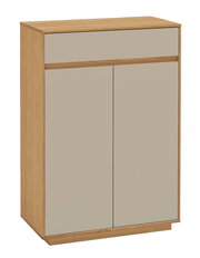 Moderner Schuhschrank aus Holz mit zwei Türen und einer Schublade, seitliche Perspektive