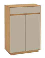 Moderner Schuhschrank aus Holz mit zwei Türen und einer Schublade, seitliche Perspektive