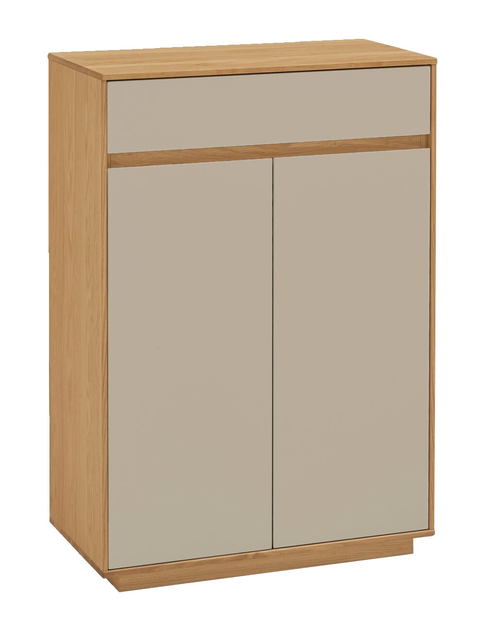 Moderner Schuhschrank aus Holz mit zwei Türen und einer Schublade, seitliche Perspektive