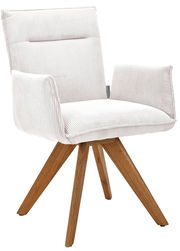 Moderner Armlehnstuhl mit hellem Stoffbezug und Holzbeinen, seitliche Perspektive