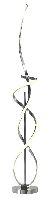 Moderne Stehleuchte Indigo mit geschwungenem, spiralförmigem Design aus Metall, seitliche Perspektive.