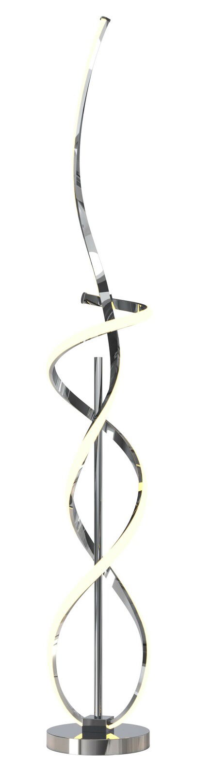 Moderne Stehleuchte Indigo mit geschwungenem, spiralförmigem Design aus Metall, seitliche Perspektive.