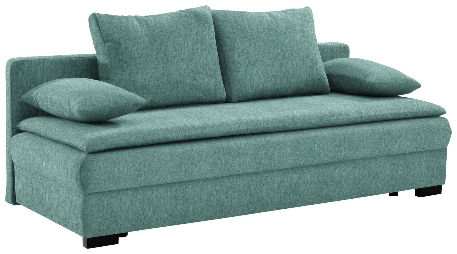 Grünes Funktionssofa mit zwei großen Rückenkissen und zwei Armlehnenkissen, seitliche Perspektive