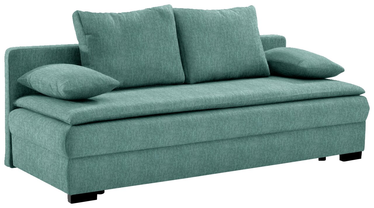 Grünes Funktionssofa mit zwei großen Rückenkissen und zwei Armlehnenkissen, seitliche Perspektive