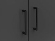 Nahaufnahme von zwei schwarzen Griffen an einem dunkelgrauen Mehrzweckschrank, Frontalansicht.