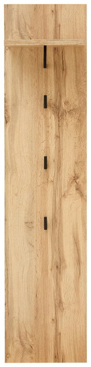 Garderobenpaneel aus Holz in natürlicher Holzoptik mit vier schwarzen Haken und einem oberen Regalbrett, Frontalansicht.