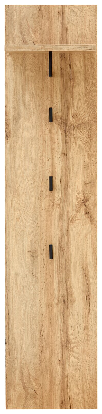 Garderobenpaneel aus Holz in natürlicher Holzoptik mit vier schwarzen Haken und einem oberen Regalbrett, Frontalansicht.