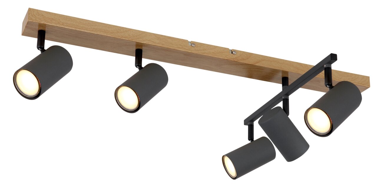 Deckenstrahler mit vier verstellbaren, zylinderförmigen Leuchten in Schwarz, montiert auf einer Holzleiste. Perspektive von unten.