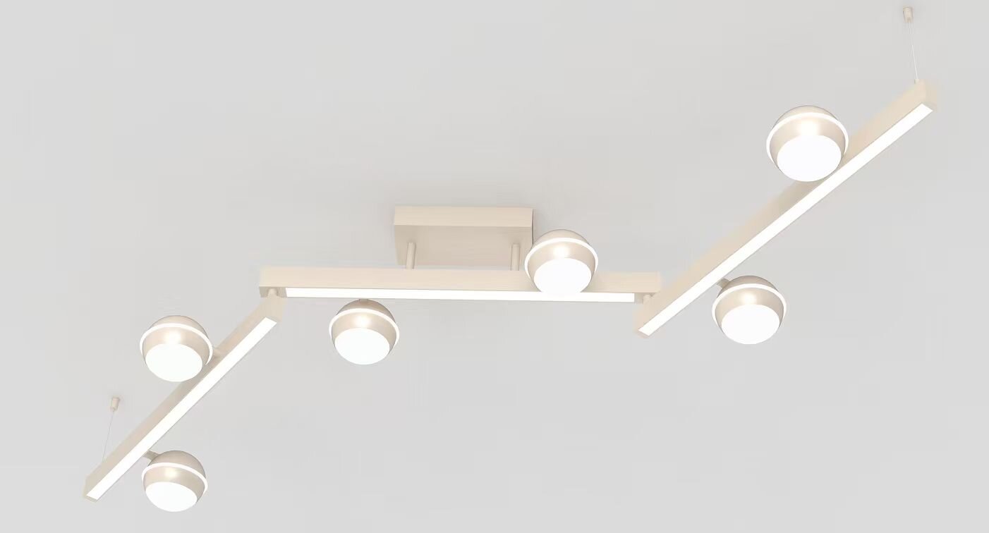 Moderne witte plafondlamp met drie lineaire LED-lichtbalken en zes ronde spots, vanuit onderaanzicht