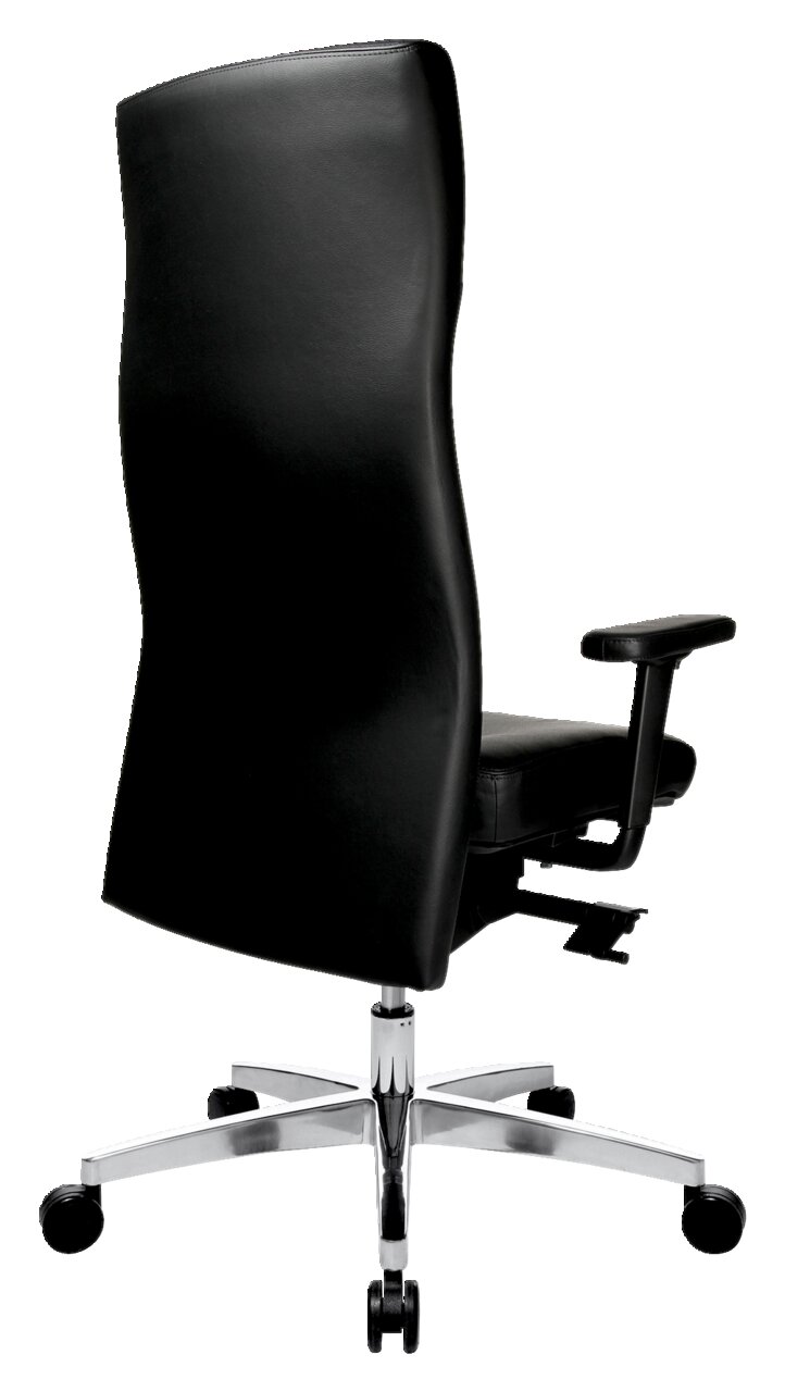 Rückansicht eines schwarzen Chefsessels mit hoher Rückenlehne und verstellbaren Armlehnen auf einem verchromten Fuß mit Rollen.