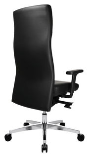 Rückansicht eines schwarzen Chefsessels mit hoher Rückenlehne und verstellbaren Armlehnen auf einem verchromten Fuß mit Rollen.