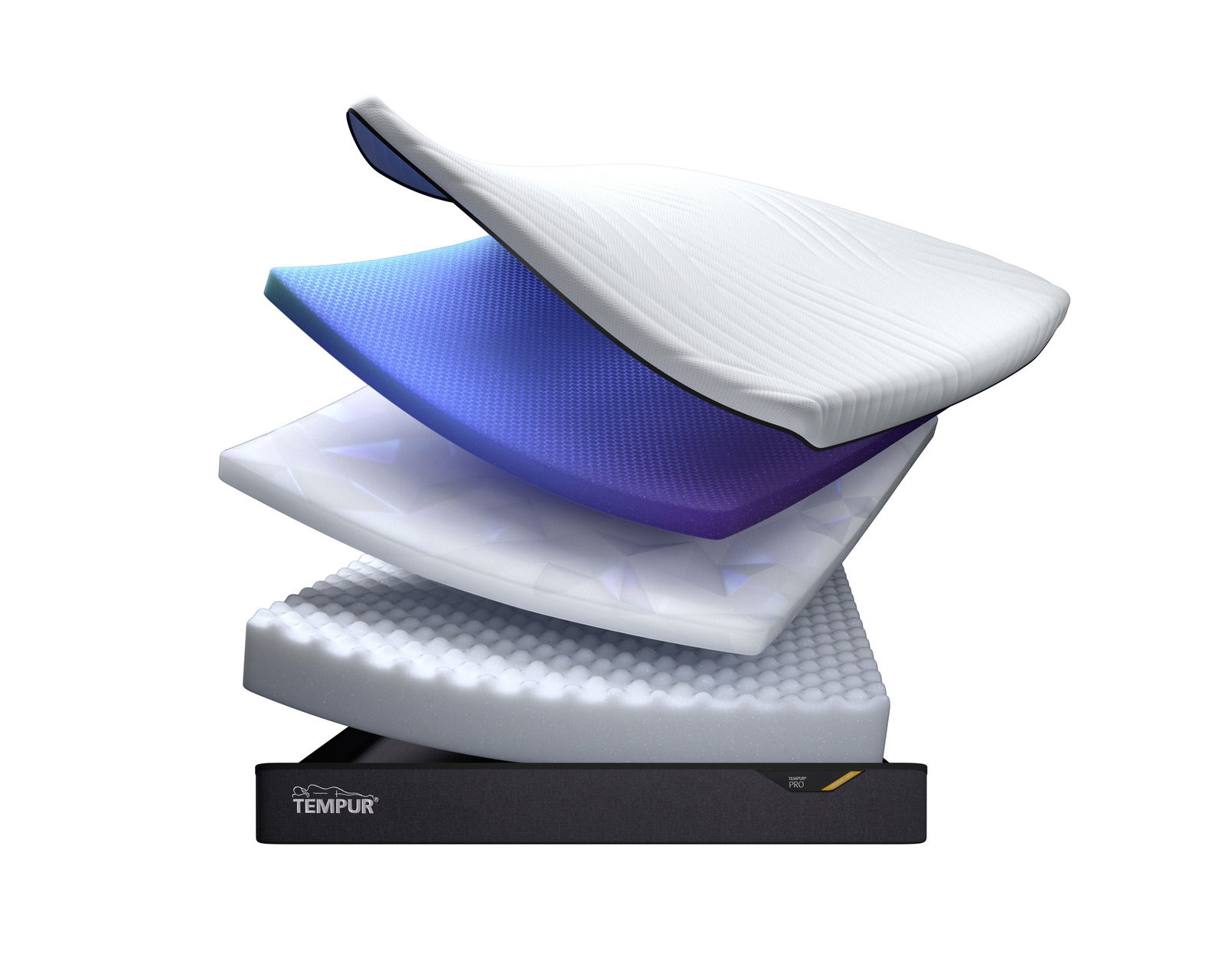 Tempur Viscomatratze PRO COOLQUILT Explosionsdarstellung einer Viscomatratze mit mehreren Schichten, seitliche Perspektive