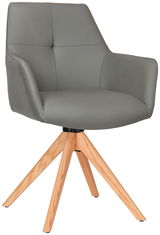 Grauer Armlehnstuhl mit Holzbeinen, seitliche Perspektive