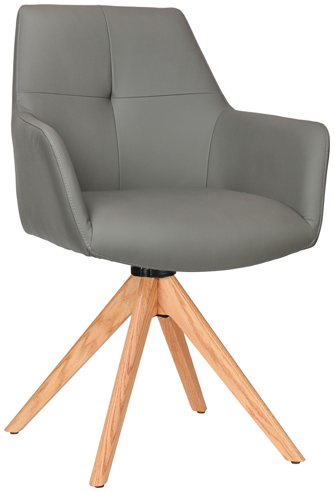 Grauer Armlehnstuhl mit Holzbeinen, seitliche Perspektive