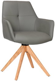 Grauer Armlehnstuhl mit Holzbeinen, seitliche Perspektive