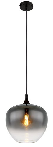 Moderne Hängeleuchte mit rauchgrauem Glasschirm und sichtbarem Leuchtmittel, seitliche Perspektive