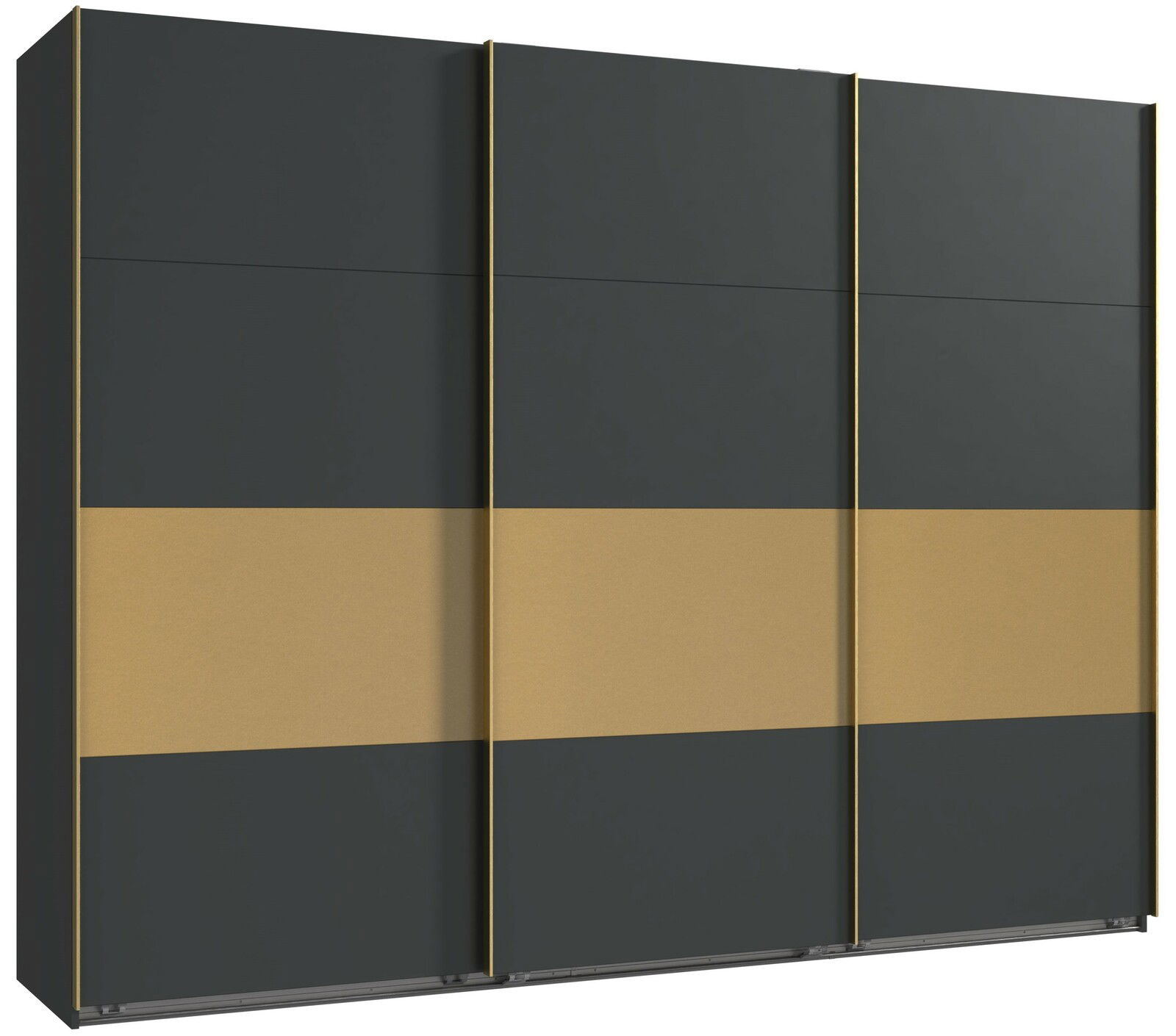 Z2 Schwebetürenschrank 3trg. DUBAI Moderner dreitüriger Schwebetürenschrank in Schwarz und Gold, Frontalansicht