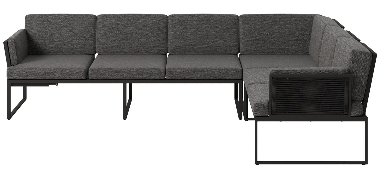 Moderne Loungegarnitur in L-Form mit grauen Polstern und schwarzem Metallrahmen, Ansicht von vorne.