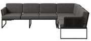 Moderne Loungegarnitur in L-Form mit grauen Polstern und schwarzem Metallrahmen, Ansicht von vorne.