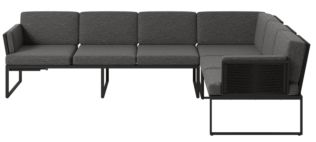 Moderne Loungegarnitur in L-Form mit grauen Polstern und schwarzem Metallrahmen, Ansicht von vorne.