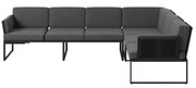 Moderne Loungegarnitur in L-Form mit grauen Polstern und schwarzem Metallrahmen, Ansicht von vorne.